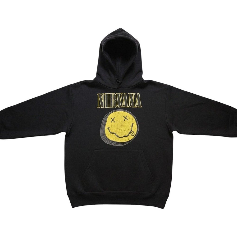 Nirvana Smiley Face Graphic Hoodie Black XS Rock Band Sweatshirt Pullover
